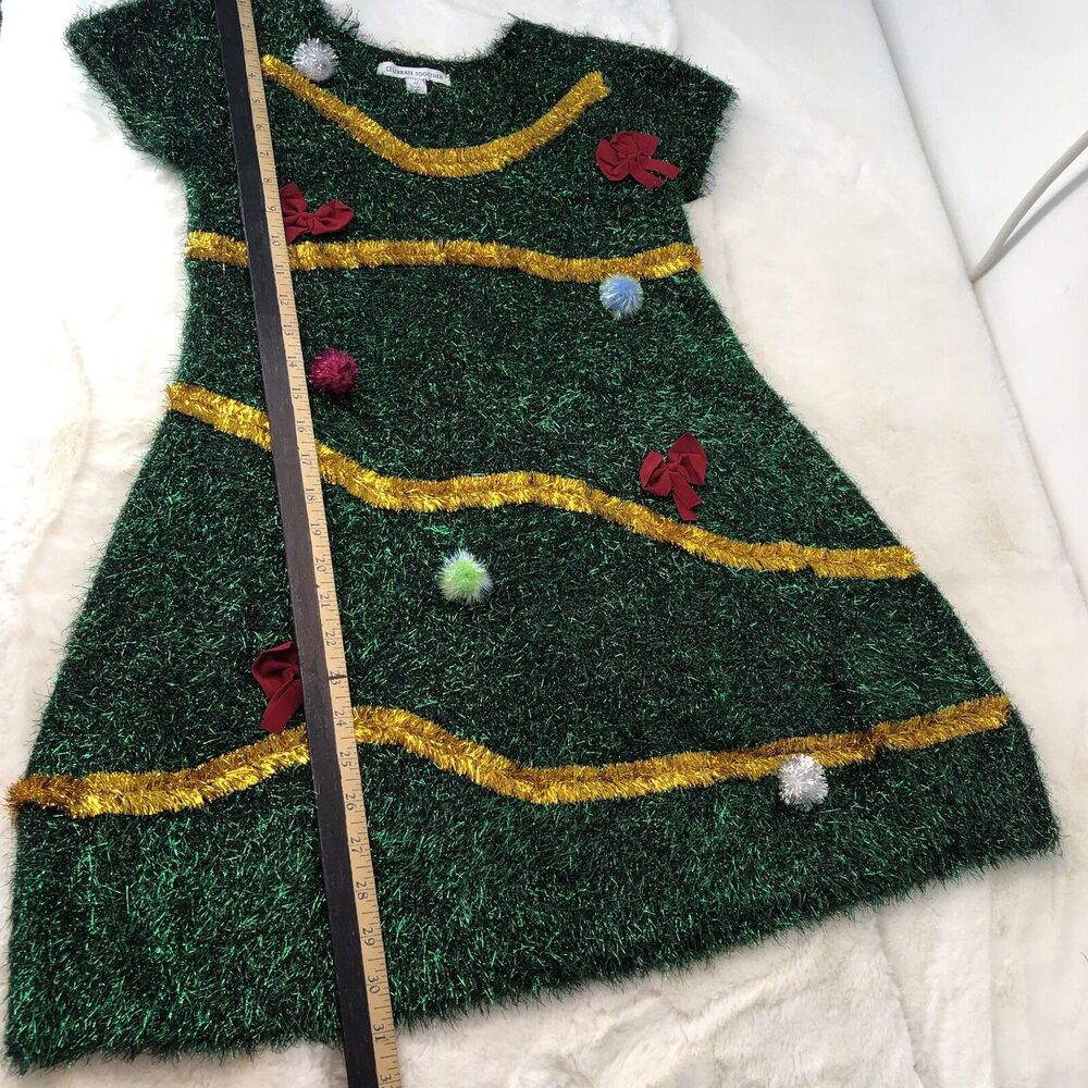 Celebrate Together Junior Dress Size S Green Sparkle Bows PomPom Knit Christmas - Picture 9 of 15